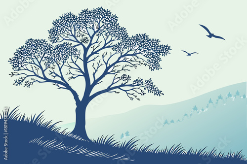 Blue Tree & Flying Birds Print | Serene Landscape Art