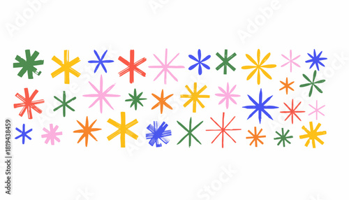 A vibrant collection of hand-drawn colorful star and asterisk shapes, a minimalist set of decorative icons