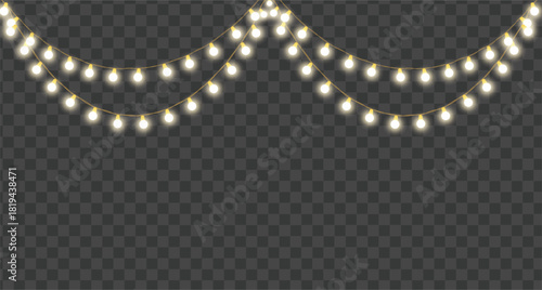 Festive string light garland with glowing bulbs on transparent background, perfect for holiday and party decoration