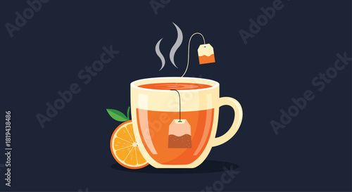 Cozy illustration of a steaming mug of hot orange tea with a tea bag and a sliced orange a warm and comforting beverage.