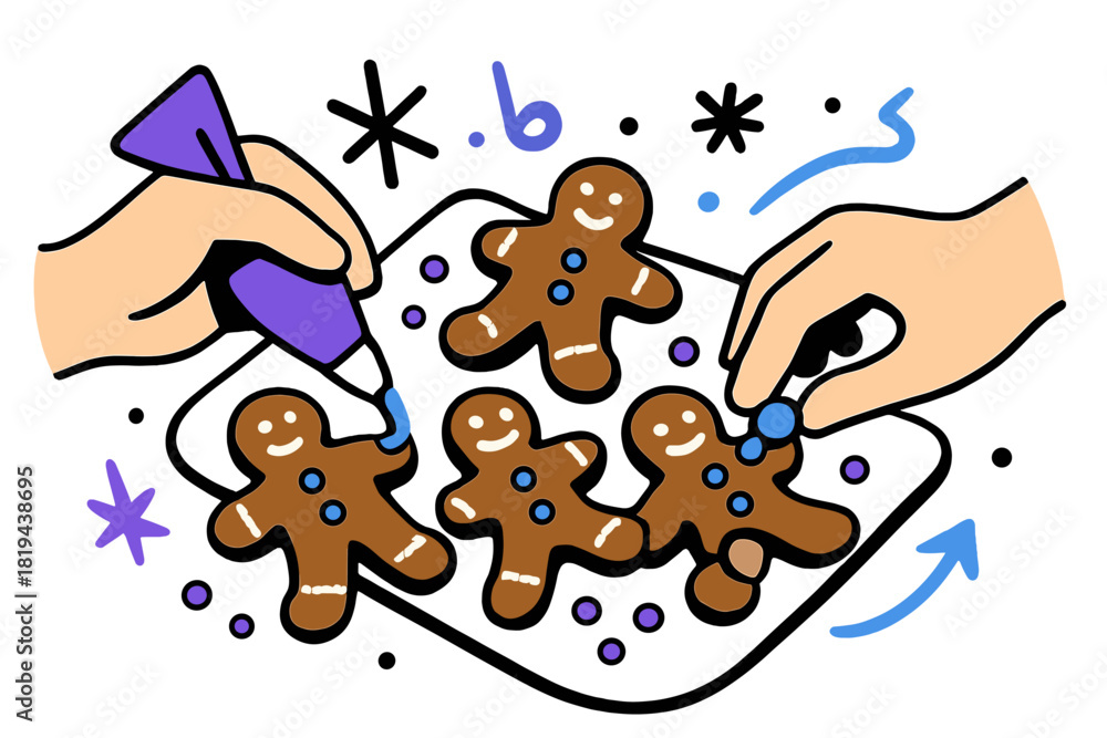 Naklejka premium Gingerbread Cookie Decorating. Decorating gingerbread cookies. Icing and small candies arranged on freshly