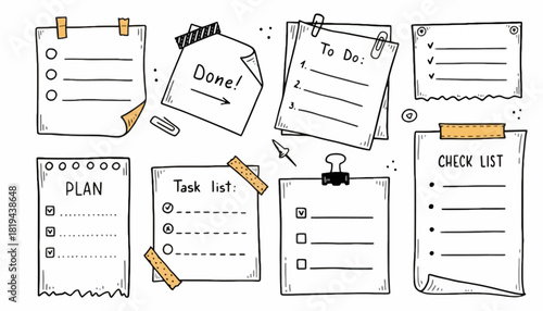 Hand drawn doodle collection of paper notes, checklists, and to-do lists. Sketchy vector illustration set for organization, planning, and task management