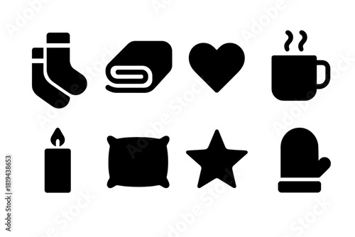 Cozy Winter Icons. Cozy Socks and Blanket. Filled icon set of Cozy Socks and Blanket: pair of socks, blanket,