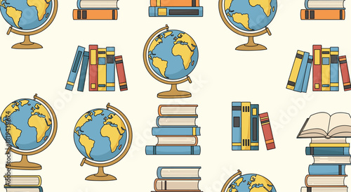 Educational and vintage seamless pattern featuring world globes and stacks of books a scholarly background for learning and knowledge.