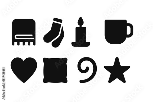 Fireside Icons Collection. Fireside Evening. Filled icon set of Fireside Evening: blanket, socks, candle, mug,
