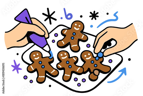 Gingerbread Cookie Decorating. Decorating gingerbread cookies. Icing and small candies arranged on freshly