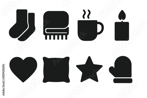 Cozy Icon Set. Warm Indoors. Filled icon set of Warm Indoors: socks, blanket, steam mug, candle, heart, pillow