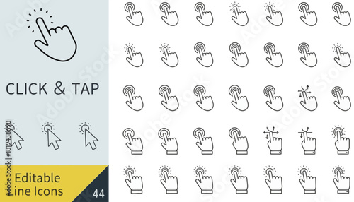 A comprehensive set of editable line icons depicting hand cursors, finger clicks, and tap gestures for user interface design