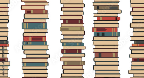 Educational and vintage seamless pattern featuring tall stacks of books a scholarly background for learning knowledge and reading.