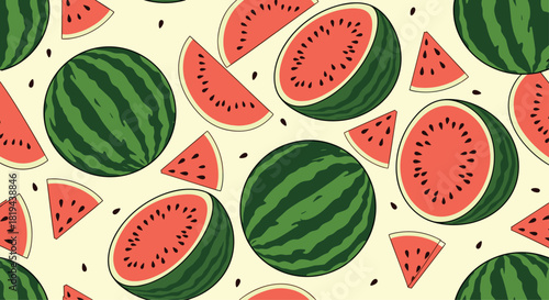 Fresh and juicy seamless pattern of whole and sliced watermelons with seeds a refreshing summer fruit background for various designs.