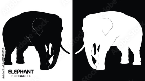 Elephant Silhouette icon. Simple vector illustration, Side view black big asian elephant silhouette vector illustration design on white and black background, Walking big elephant strong power, sign