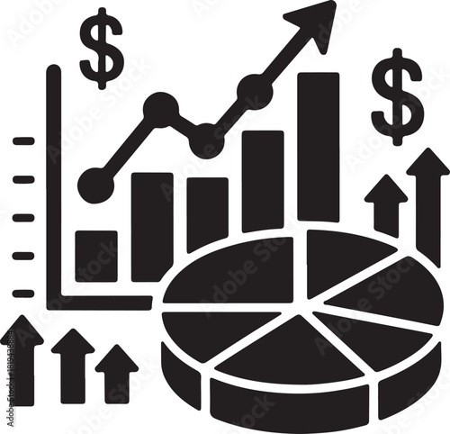 Financial growth represented by a chart with increasing trends and pie chart