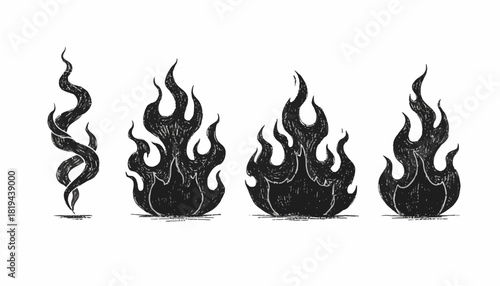 A collection of textured black fire flames and smoke plume illustrations. Hand-drawn doodle style graphic icons isolated on a white background