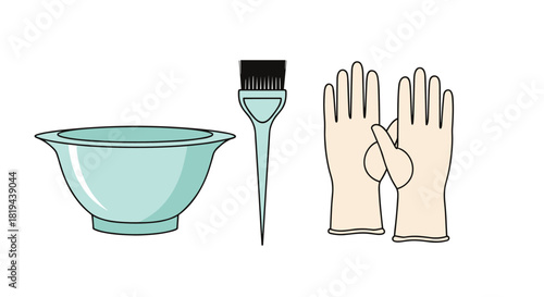 Set of professional hair dyeing tools including a mixing bowl brush and gloves essential for hair coloring and beauty salons.