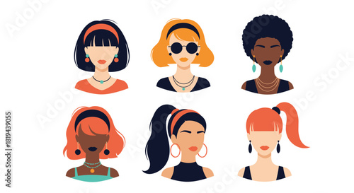 Collection of diverse women avatars with different hairstyles and accessories a modern representation of female diversity and beauty.