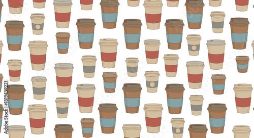 Cozy and appealing seamless pattern of various disposable coffee cups a modern background for cafes coffee shops or beverage themes.