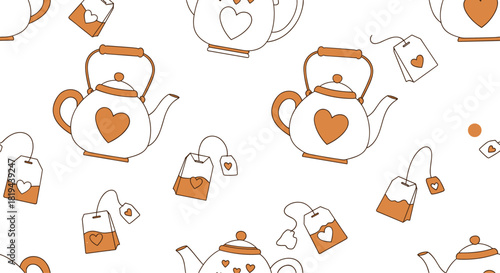 Seamless pattern with cute teapots with hearts and tea bags with hearts a cozy and warm design for textile or kitchenware.