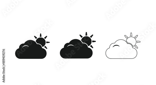 Collection of weather icons depicting clouds with sun shining through in solid and outline styles a symbol for partly cloudy weather.