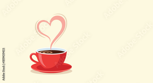 Red coffee cup with heart-shaped steam rising a romantic illustration for love affection or a special warm beverage.