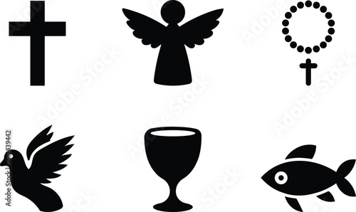 Collection of Christian symbols representing faith hope and charity in black silhouette