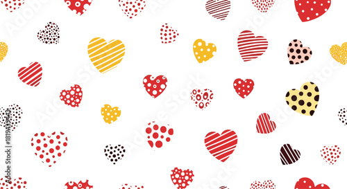 Festive and playful seamless pattern of colorful scattered hearts with various textures a romantic background for love or Valentines Day.