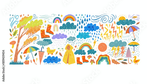 A delightful collection of cute hand-drawn doodles representing autumn rain, seasonal weather elements, and cozy fall concepts