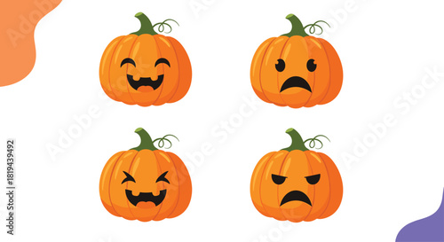 Set of four expressive pumpkin emojis displaying various emotions a cute and fun graphic set for Halloween or autumn themes.