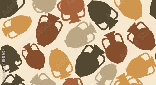 Seamless pattern of ancient terracotta pots or amphorae in various earthy tones a historical and archaeological design.