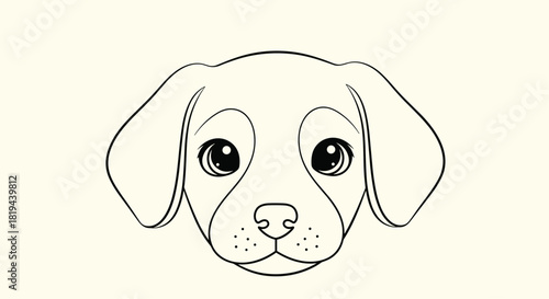 Simple and cute line art illustration of an adorable puppy dog face with big eyes perfect for a coloring book or pet logo.