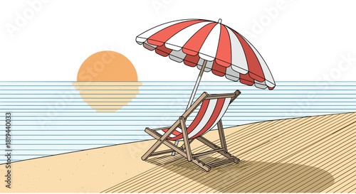 Relaxing beach scene illustration with a striped deck chair and umbrella facing the ocean sunset in a hand-drawn sketch style.