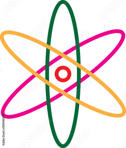 Print Colorful stylized atomic model illustration with three elliptical orbits and a central nucleus