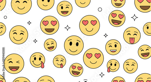 Seamless pattern background with a variety of yellow cartoon emoji faces showing different emotions on a clean white backdrop.