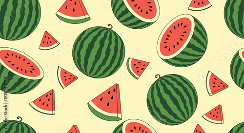 Seamless summer fruit pattern background with cartoon illustrations of whole watermelons and fresh red slices on yellow.