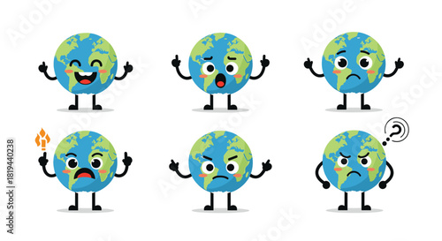Set of cute cartoon Earth globe character mascots showing a variety of emotions including happy sad angry and confused.