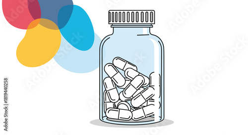 Medical concept illustration of a clear glass bottle filled with capsule pills in a clean line art style with color spots.