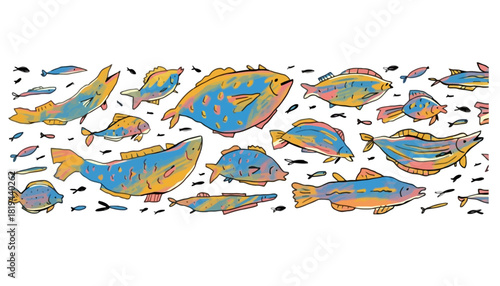 Joyful and vibrant collection of diverse stylized fish, swimming together in an artistic underwater pattern, showcasing rich colors and playful marine illustrations
