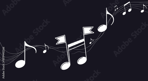 Abstract illustration of white musical notes and symbols flowing on a dynamic staff across a dark black background vector.