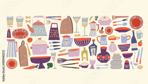 A delightful, hand-drawn collection of kitchenware. Features a variety of cooking utensils, pots, pans, bowls, and dishes in a rustic flat lay illustration style