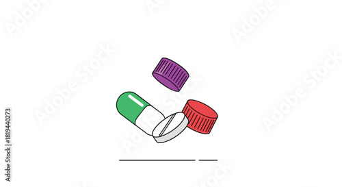 Minimalist illustration of falling medicine including a capsule a tablet and two bottle caps on a white background.