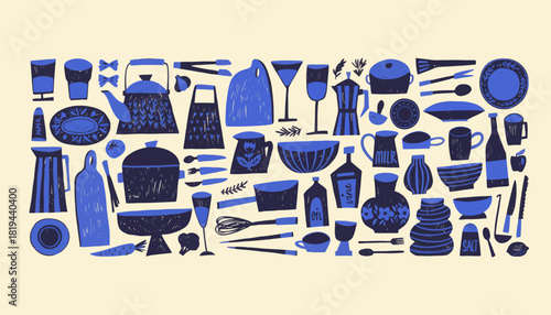 Illustrated Collection of Kitchenware and Dining Utensils for Culinary Enthusiasts