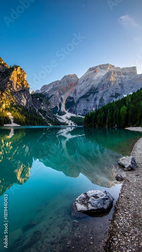 Serene alpine lake reflecting majestic mountains under a vibrant blue sky