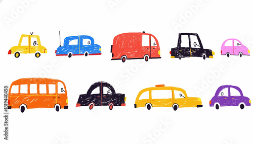 Set of various cartoon automobiles in a childish crayon drawing style. A colorful collection of transport vehicles
