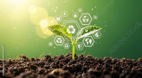Emerging seedling represents sustainable practices with earth-tone green background.
