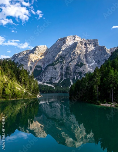 Serene alpine lake reflects towering mountains under a bright blue sky