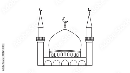 Vector illustration of an Arabian mosque architecture with a majestic dome and towering minarets, a landmark for religion and travel in Istanbul or Agra, India