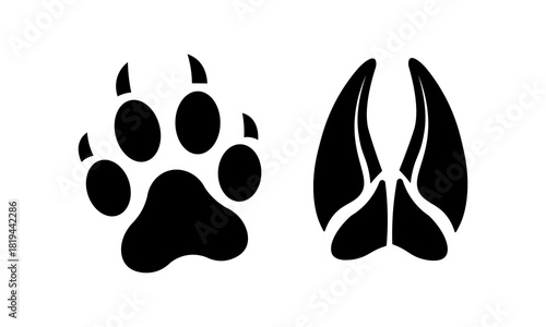 Animal footprint icons. Silhouette of a paw print and cloven hoof print in bold black style. Simple wildlife track symbols for logo, sign, or illustration.