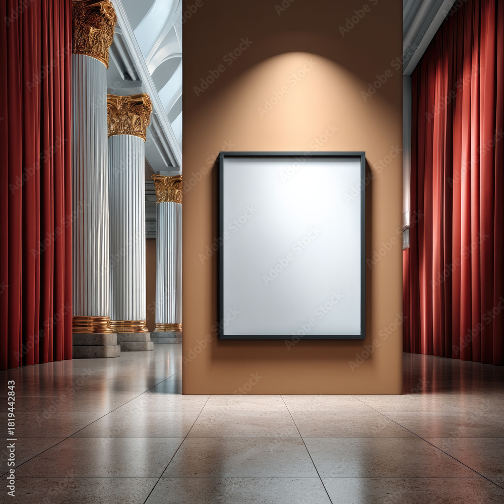 Fototapeta premium Vertical poster on wall near grand white columns with gold accents, red curtains, and marble floor in elegant hall