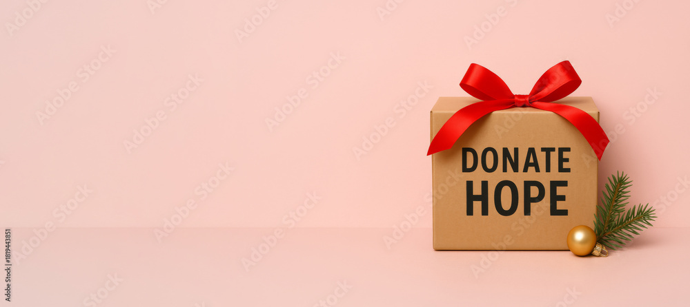 Fototapeta premium Christmas donation gift box with red bow on pink background