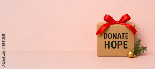 Fototapeta Naklejka Na Ścianę i Meble -  Christmas donation gift box with red bow on pink background