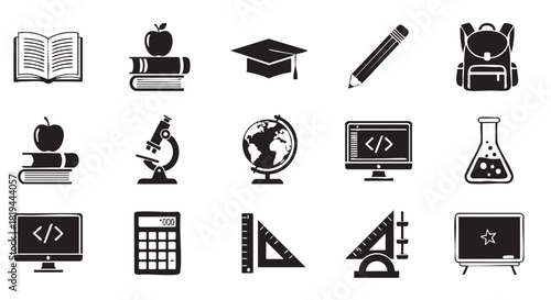 Black and white education related icon set with science technology elements